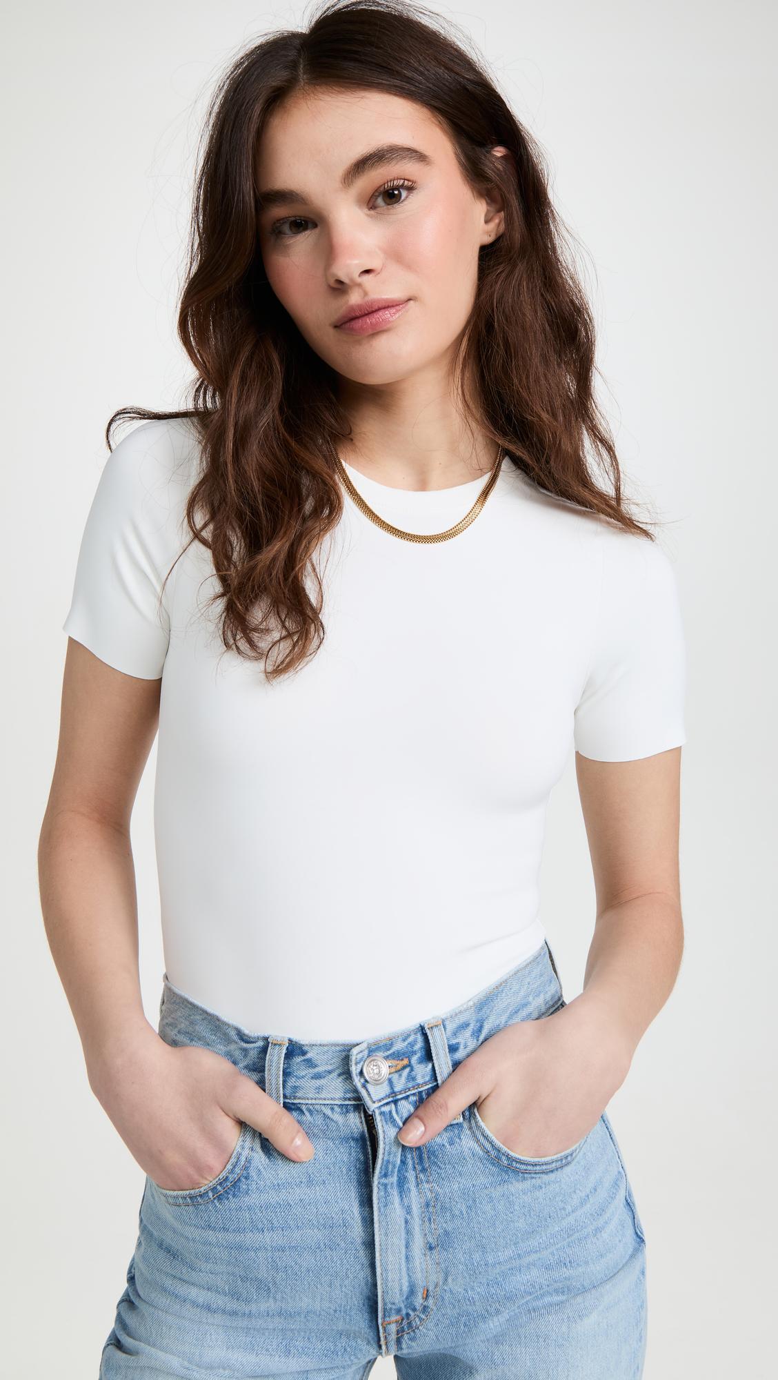 GOOD AMERICAN Crewneck Ribbed Knit T-shirt Bodysuit In White