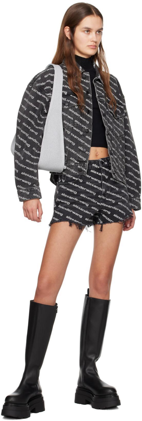 ALEXANDER WANG Omens Grey Aged White Logo-print Bite Denim Shorts In Black