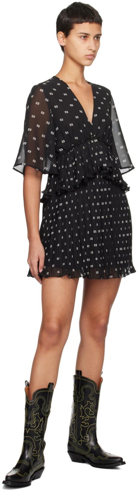 GANNI Pleated Georgette V-neck Flounce Mini Dress In Black
