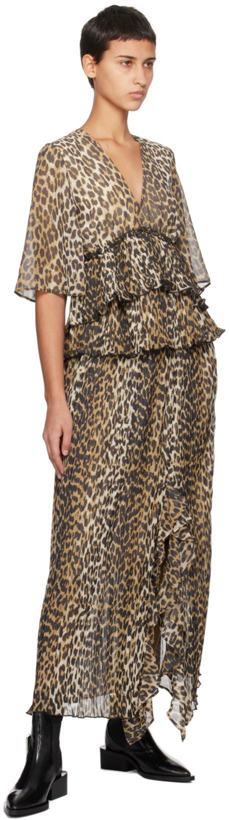 GANNI Almond Milk Pleated Georgette V-neck Flounce Mini Dress In Animal Print Recycled Polyester In Multi