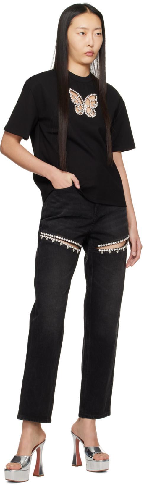 AREA Crystal Cutout Slit Straight Leg Jeans In Black