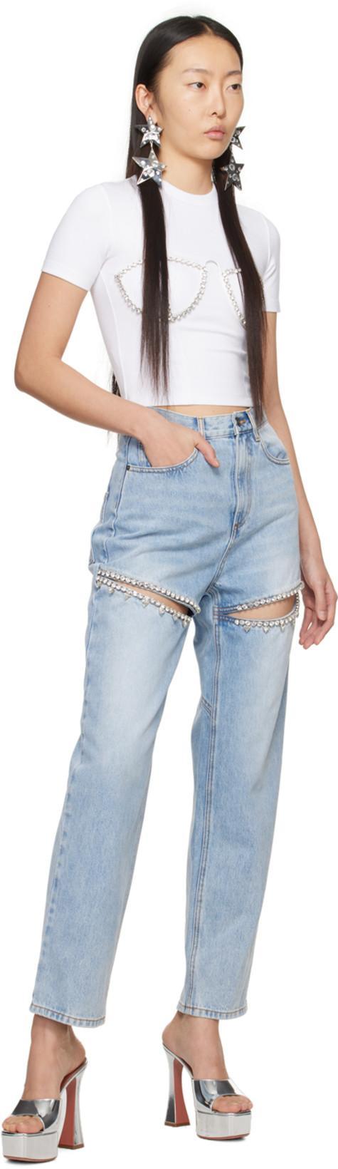 AREA Crystal Slit Jeans In Light Blue