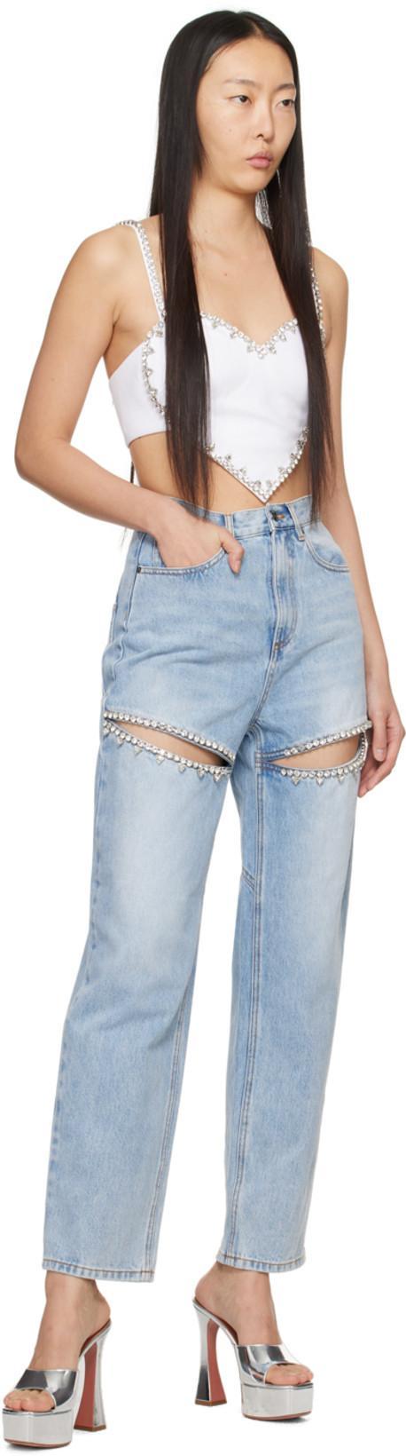 AREA Crystal Slit Jeans In Light Blue