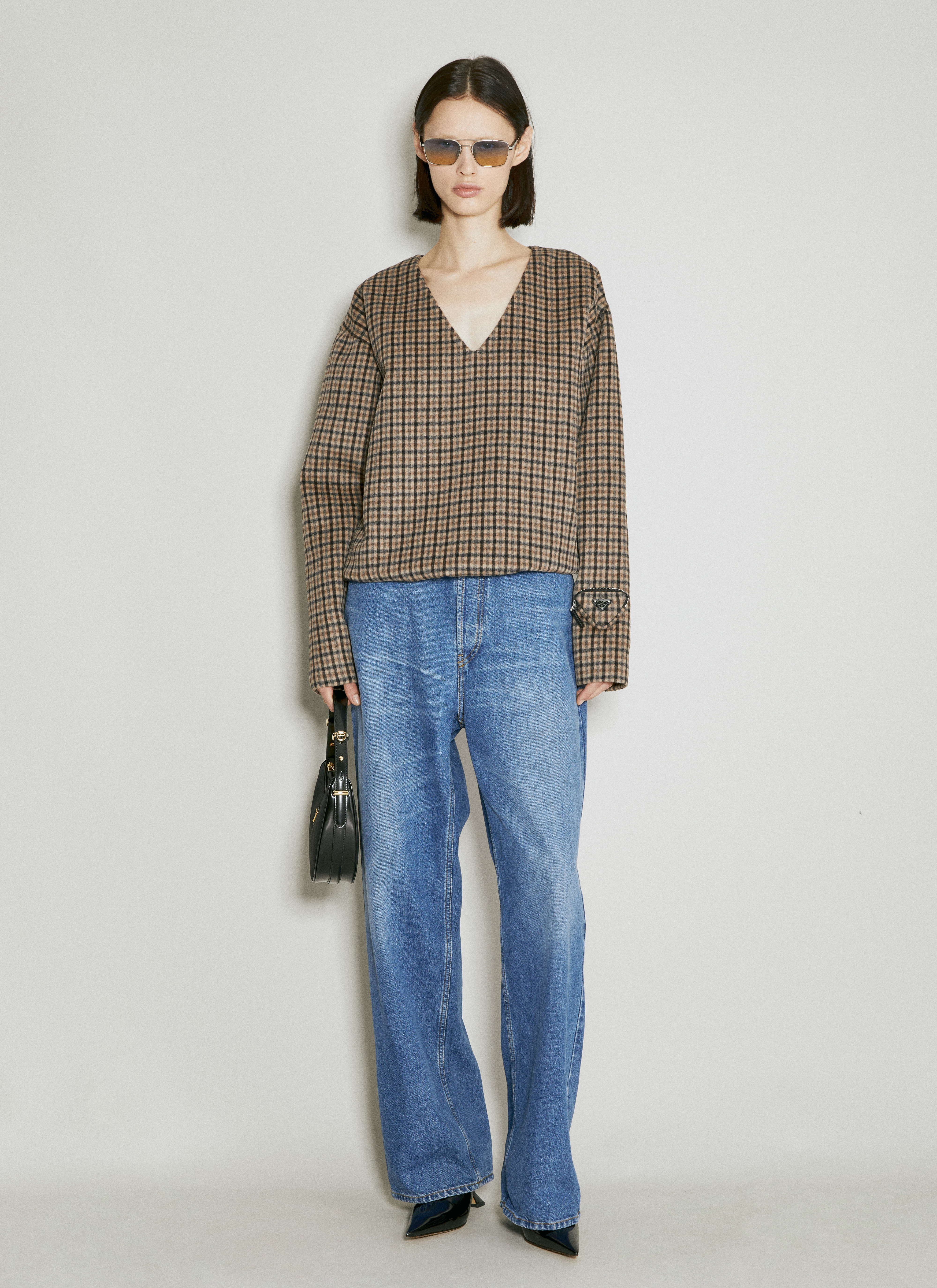 PRADA Oversized Checked Cashgora Sweater In Brown