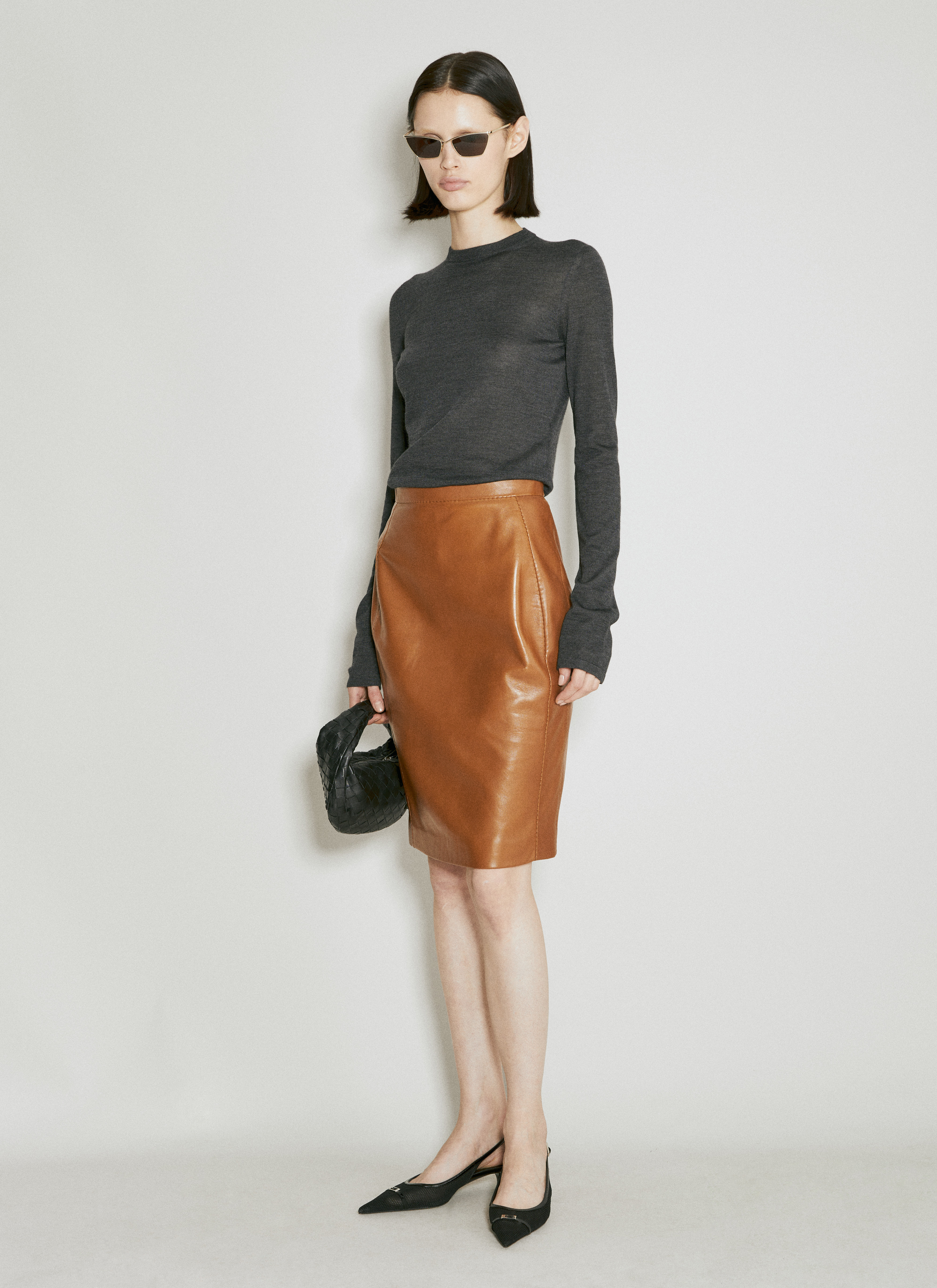SAINT LAURENT High-rise Leather Pencil Skirt In Glace Brown
