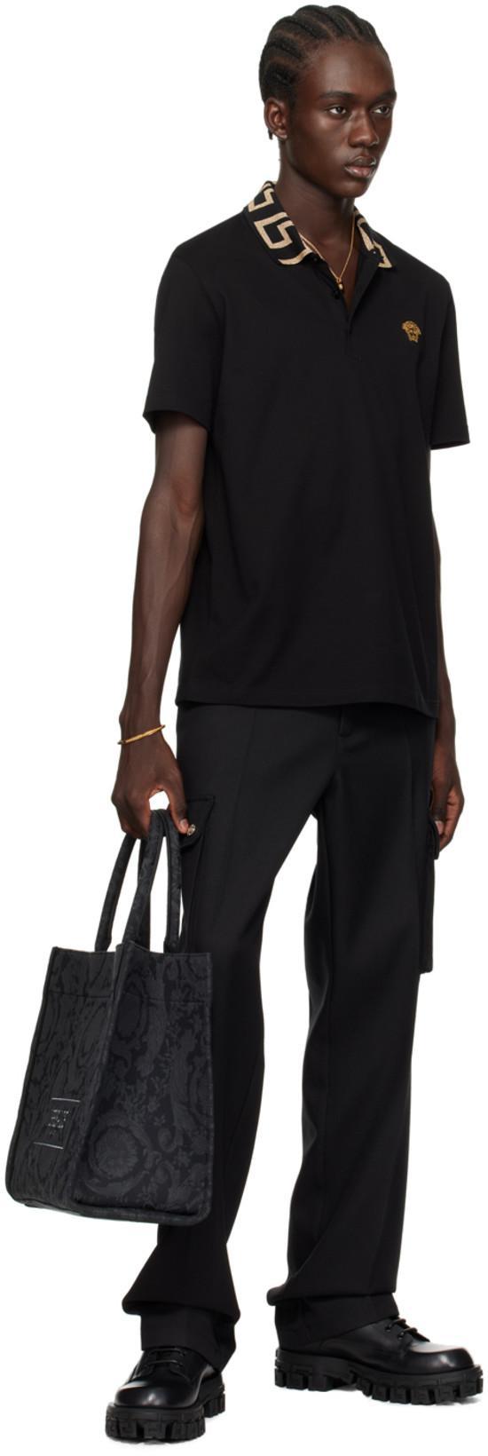 VERSACE Geometric Patterned Black Polo Shirt With Classic Placket