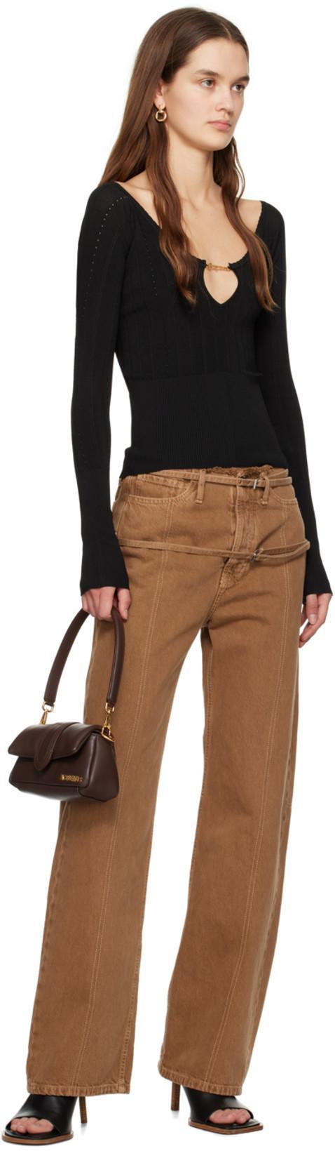 JACQUEMUS Gold Toned Logo Charm Ribbed Knit Cropped Cardigan In Black