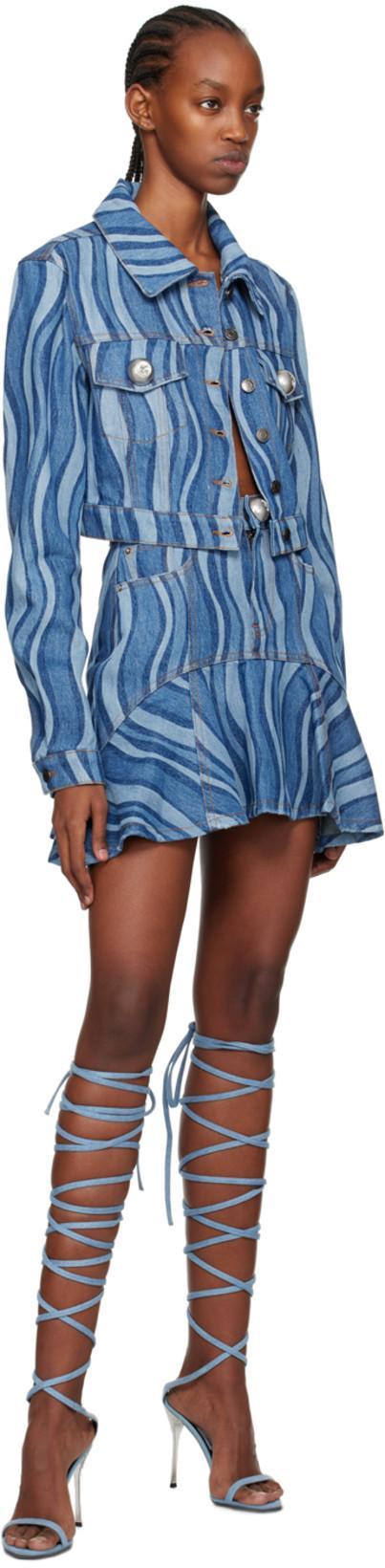 AREA Sunray Denim Ruffle Mini Skirt In Indigo