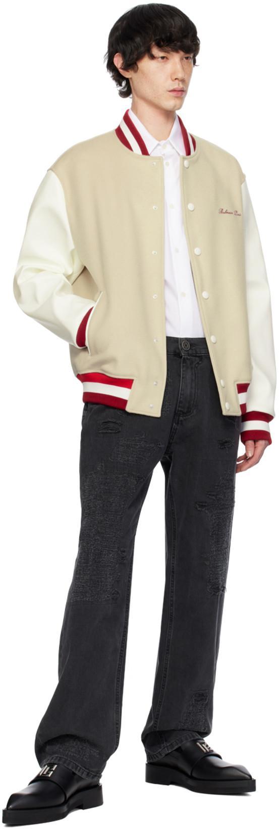 BALMAIN Bomber Jacket With Logo Embroidery In Beige,white