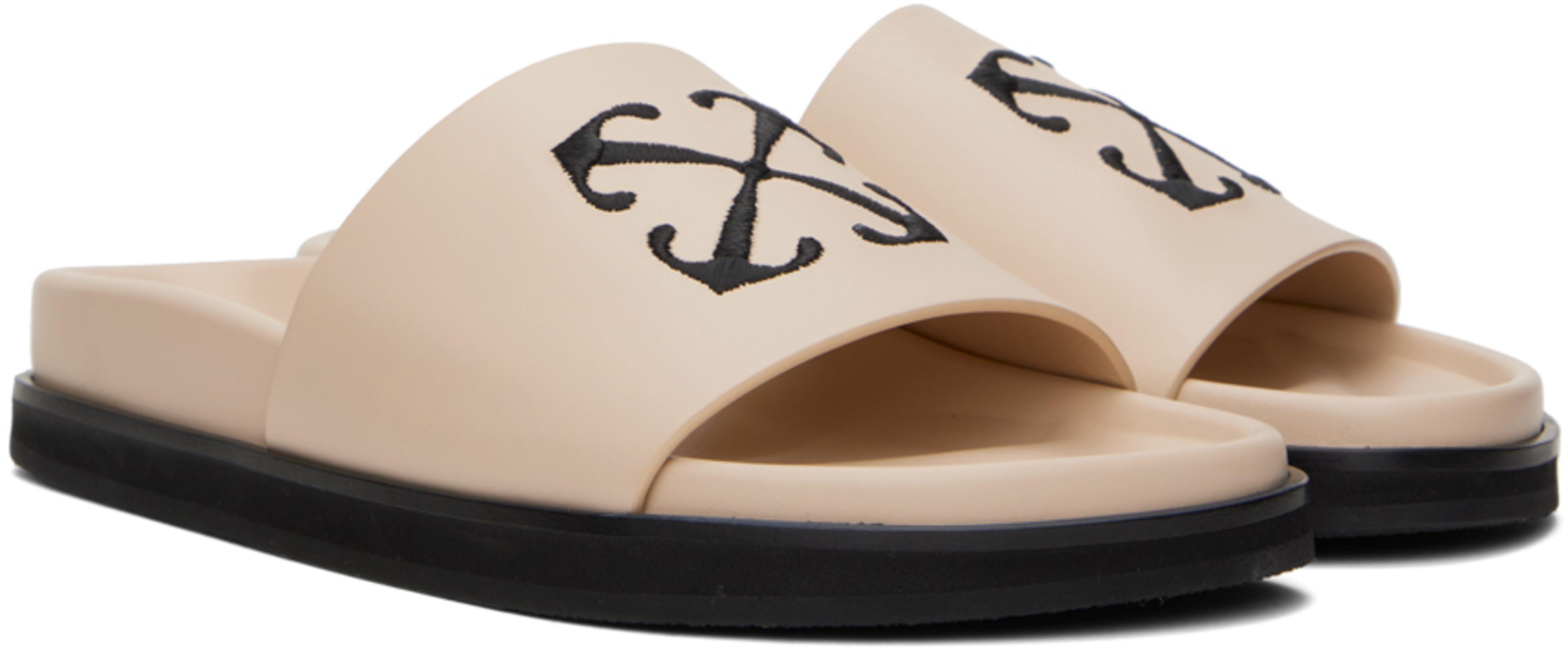 OFF-WHITE Leather Slides With Embroidered Logo In Beige
