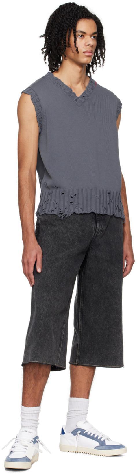 MARNI Distressed V-neck Knit Vest In Light Blue,grey
