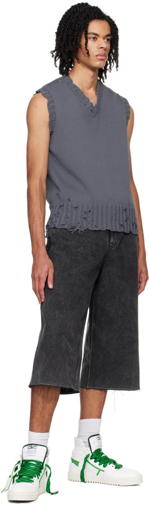 MARNI Distressed V-neck Knit Vest In Light Blue,grey