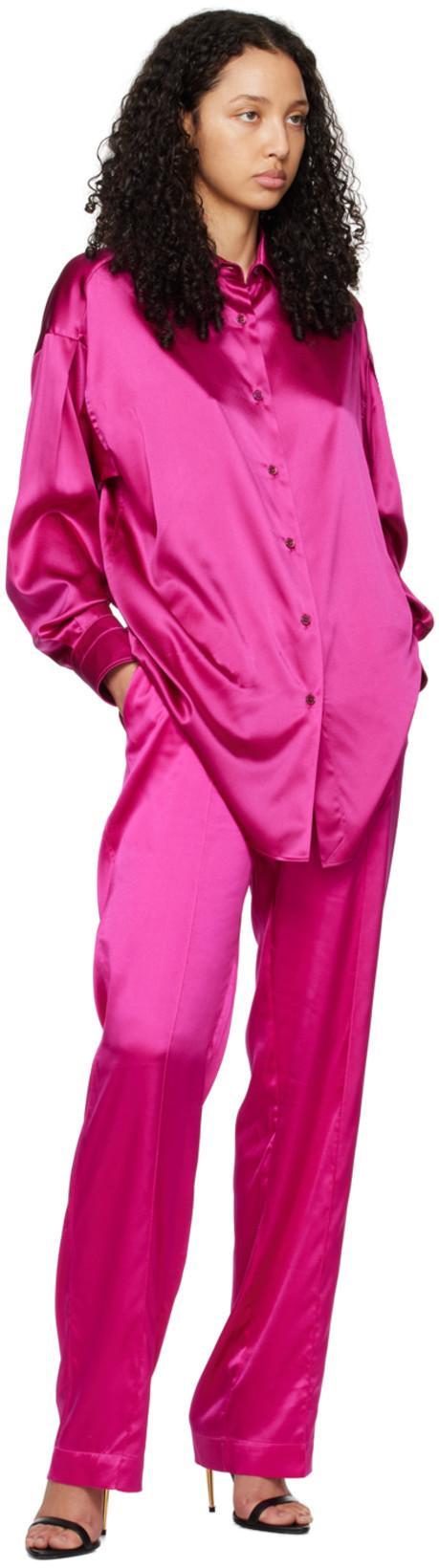 TOM FORD Fuchsia Satin Pants With Logo On Waistband In Stretch Silk Woman In Purple