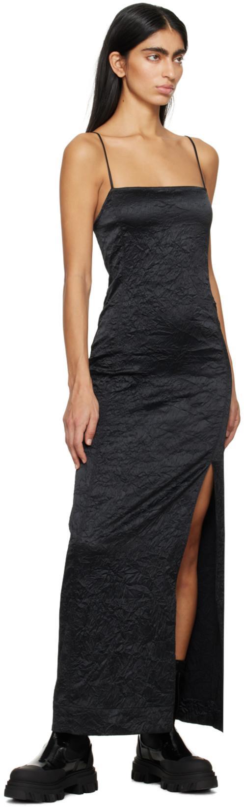 GANNI Black Crinkled Satin Midi Slip Dress