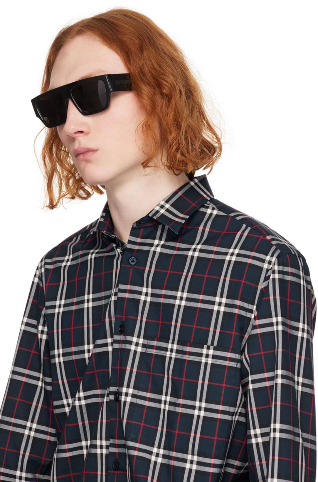 BURBERRY Embroidered Detail Check Cotton Shirt In Navy