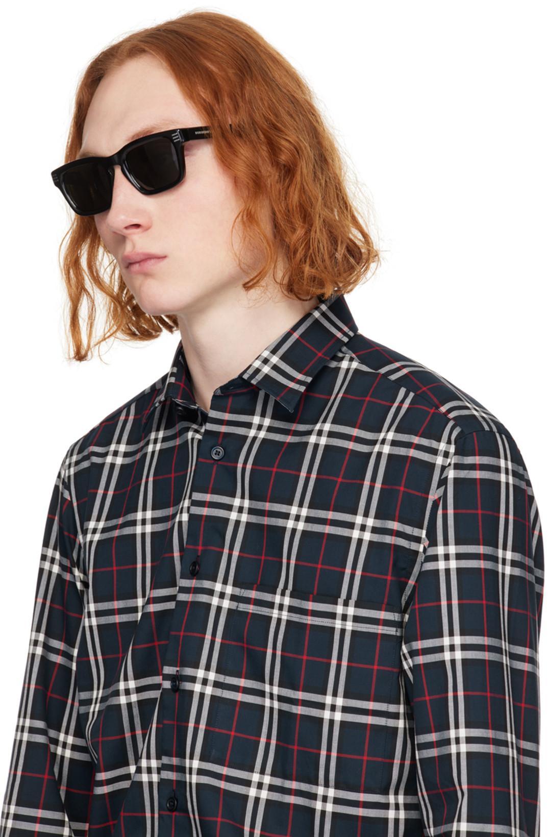 BURBERRY Embroidered Detail Check Cotton Shirt In Navy