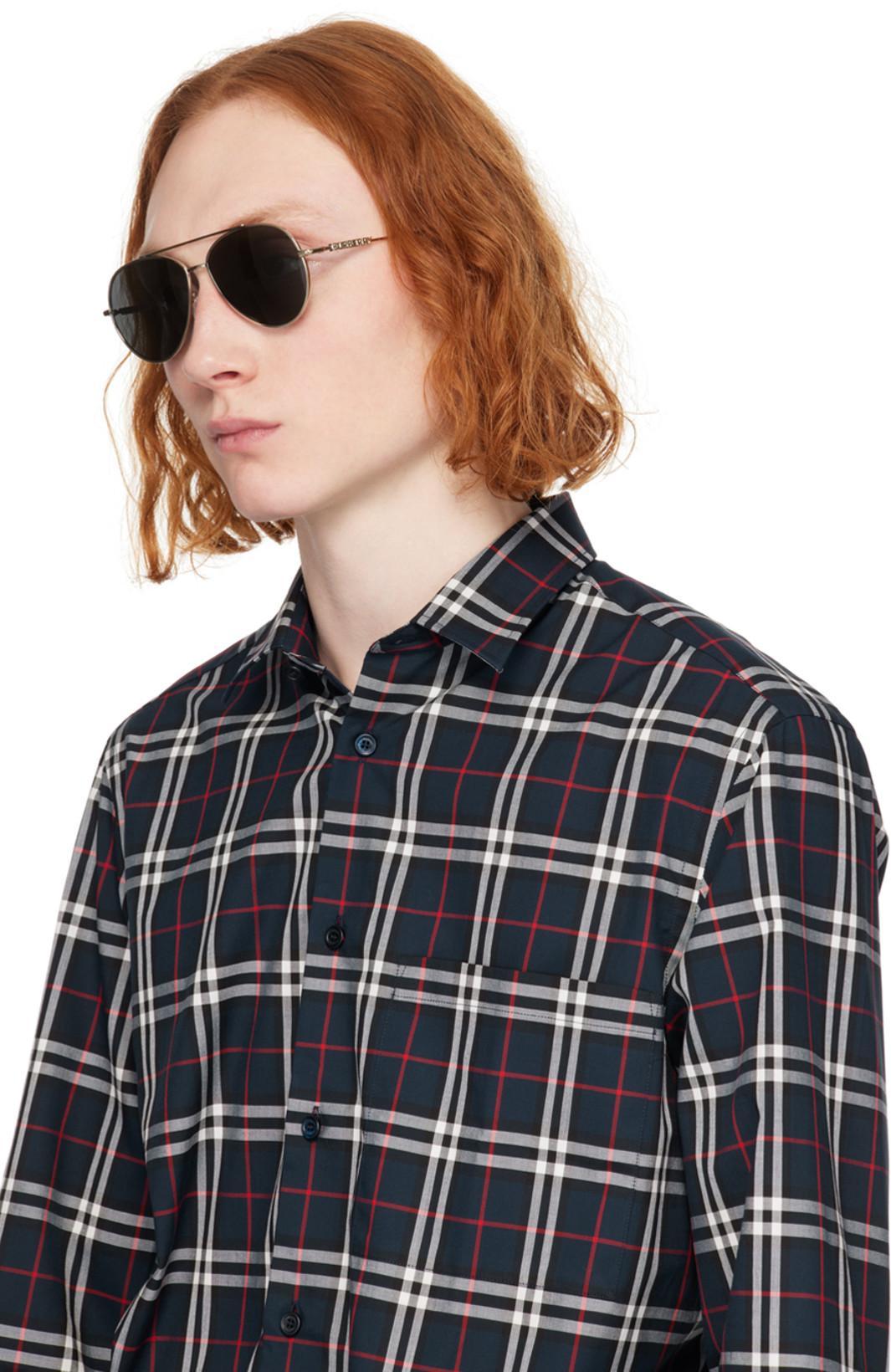BURBERRY Embroidered Detail Check Cotton Shirt In Navy