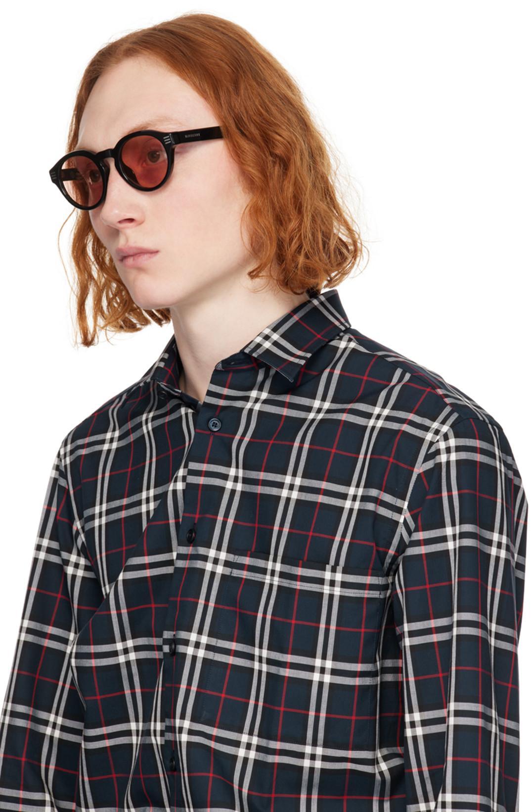 BURBERRY Embroidered Detail Check Cotton Shirt In Navy
