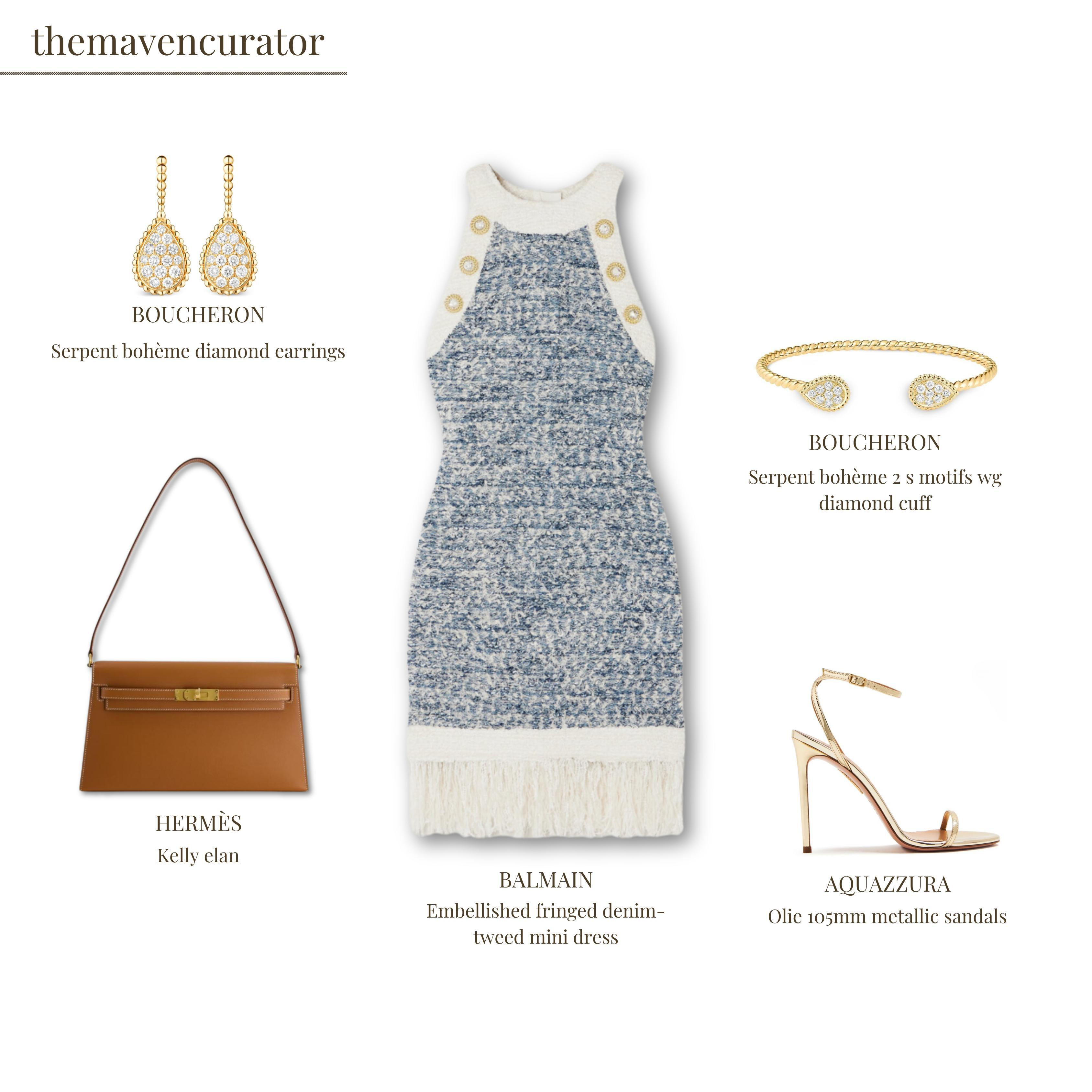 BALMAIN Fringed Denim Tweed Dress In Blue