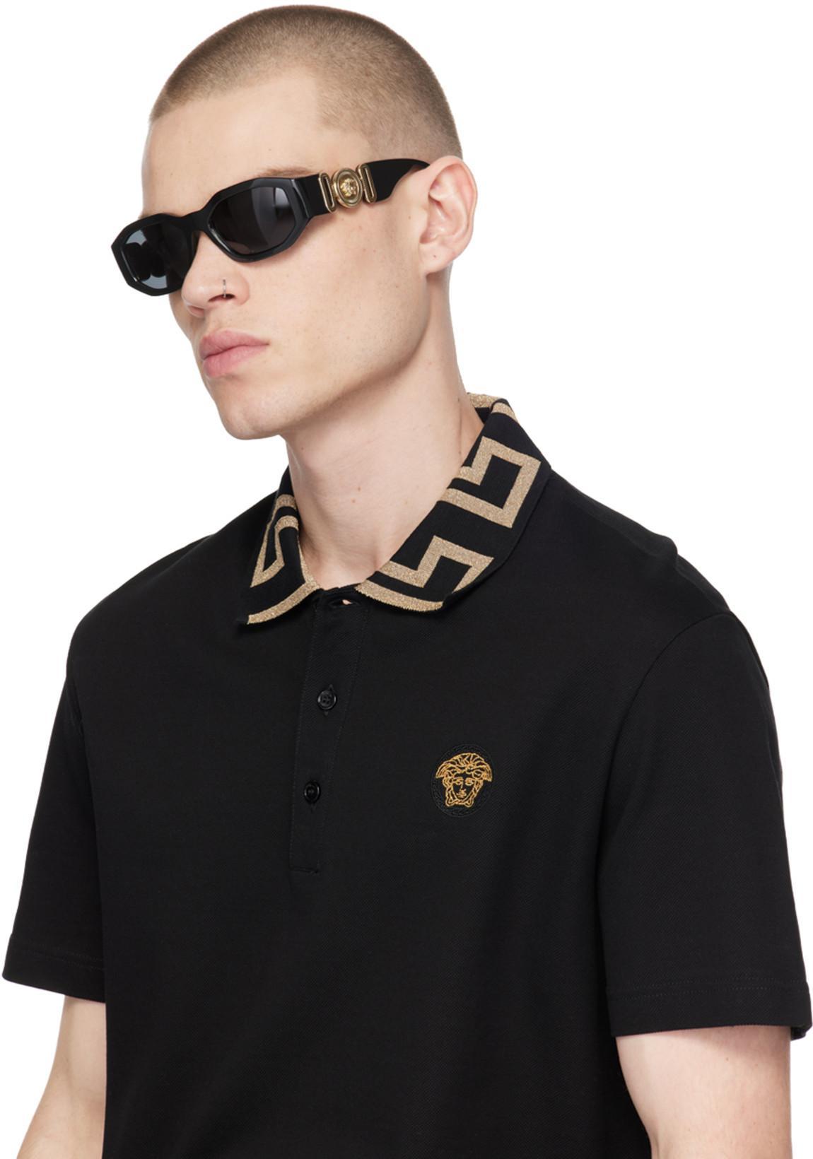VERSACE Geometric Patterned Black Polo Shirt With Classic Placket