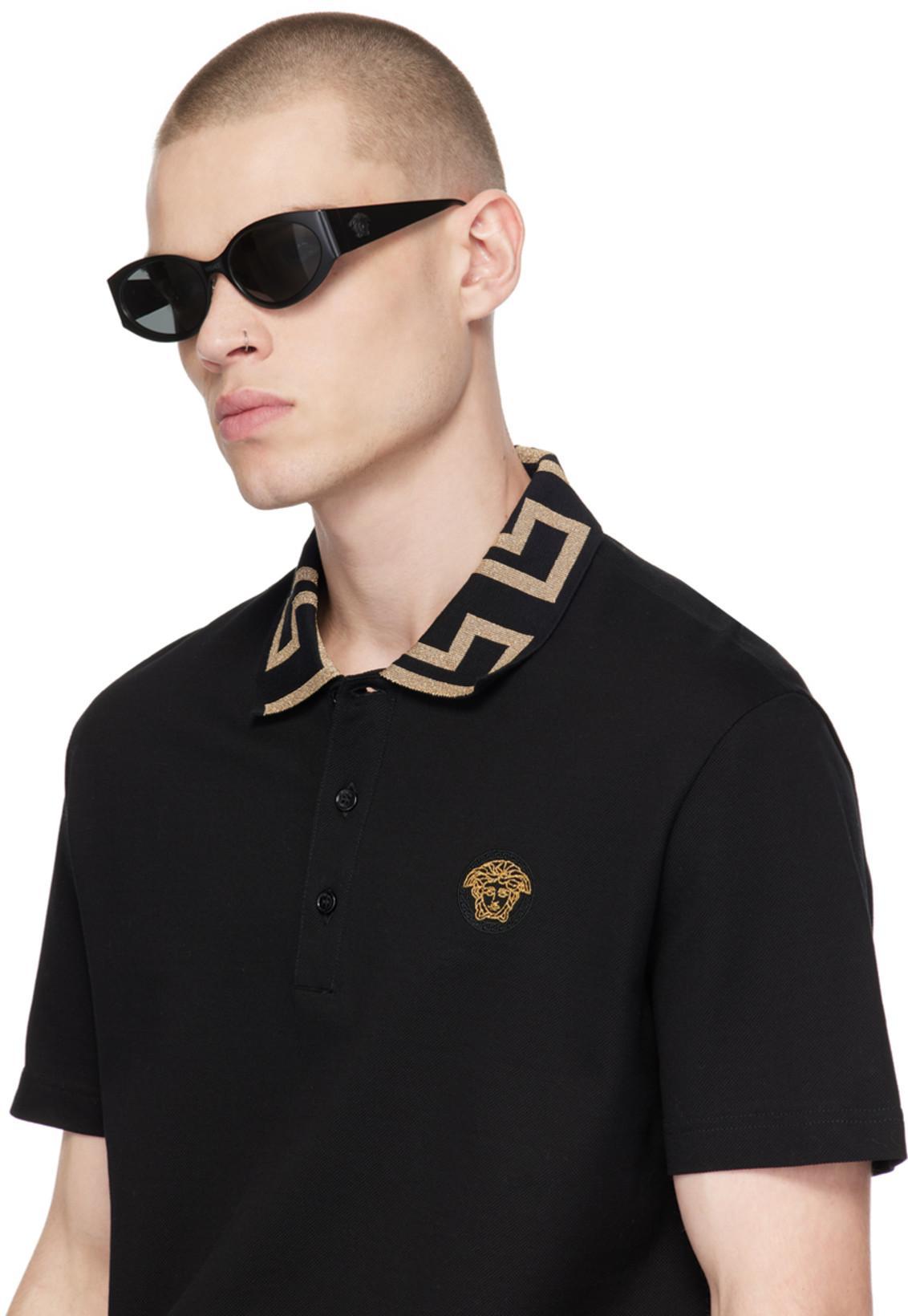 VERSACE Geometric Patterned Black Polo Shirt With Classic Placket