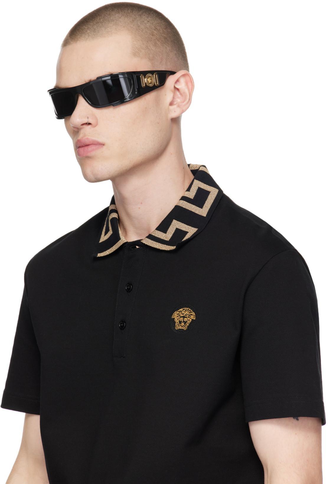VERSACE Geometric Patterned Black Polo Shirt With Classic Placket