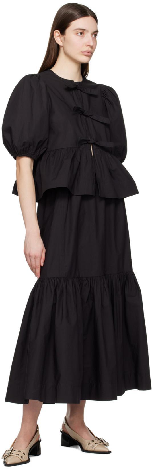 GANNI Poplin Front-tie Peplum Blouse With Puffed-sleeves In Black