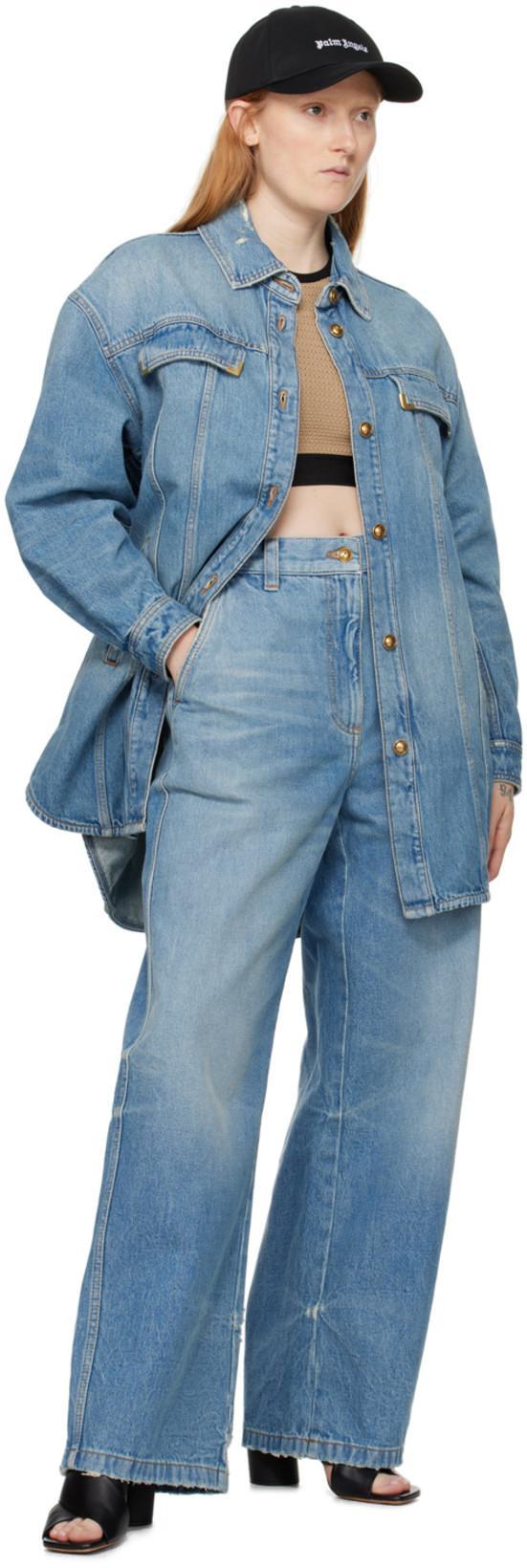 PALM ANGELS Distressed Logo Jacket Featuring Pockets In Blue