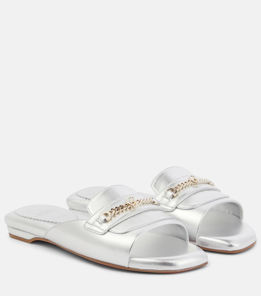 CHRISTIAN LOUBOUTIN Miss Mj Metallic Red Sole Mule Sandals In Silver