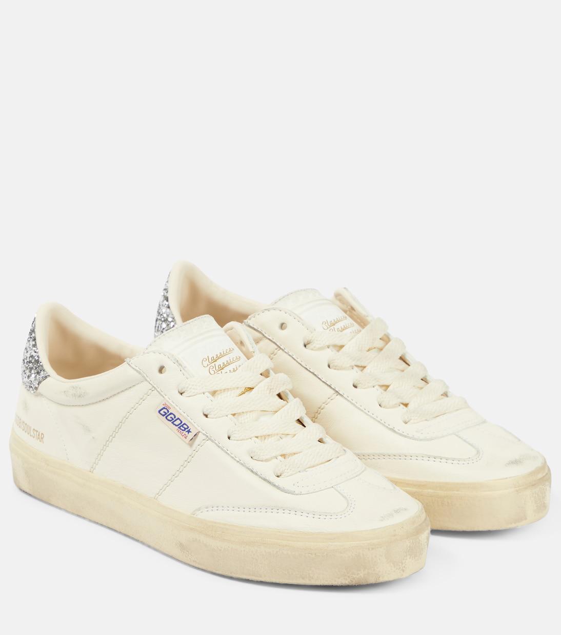 GOLDEN GOOSE Soul Star Distressed Leather Sneakers With Glittered Heel Tab Shoes In White