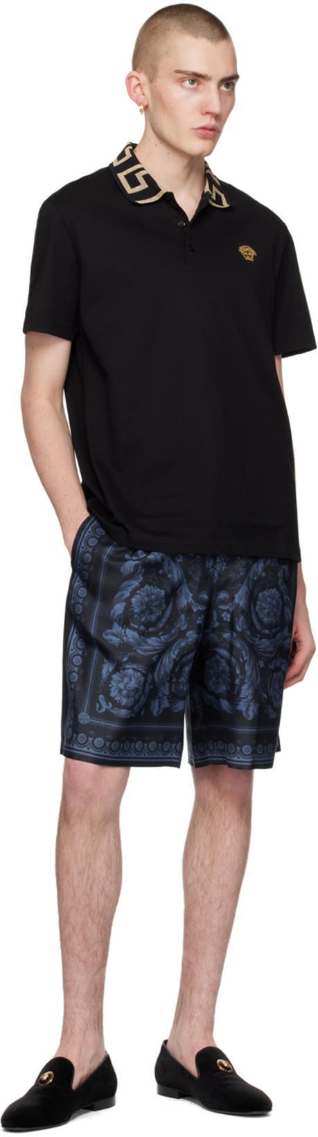 VERSACE Geometric Patterned Black Polo Shirt With Classic Placket
