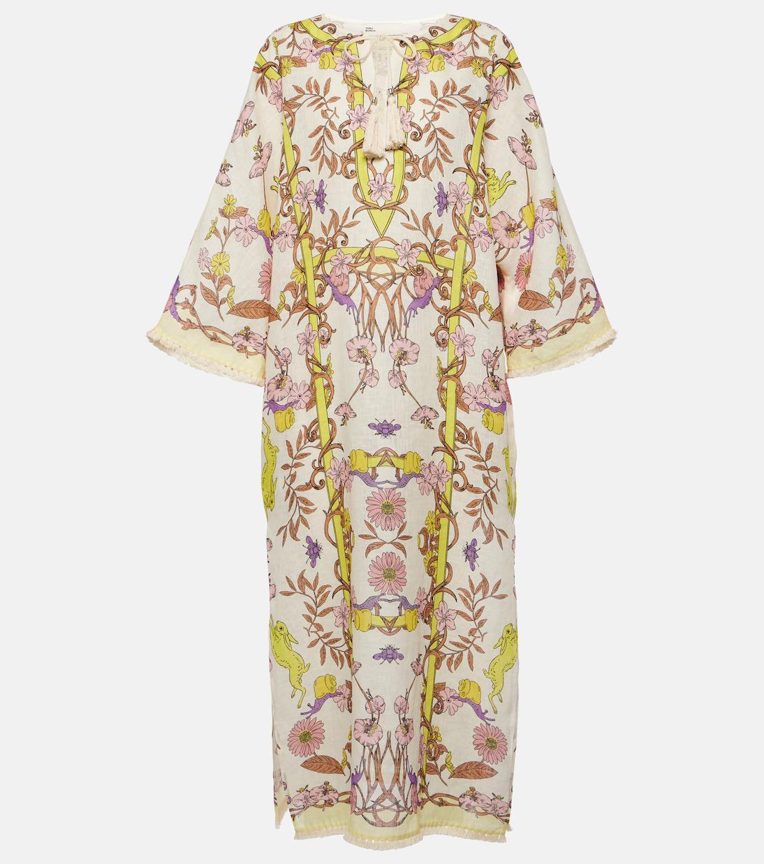 TORY BURCH Floral-print Linen Kaftan Dress In Multicolore