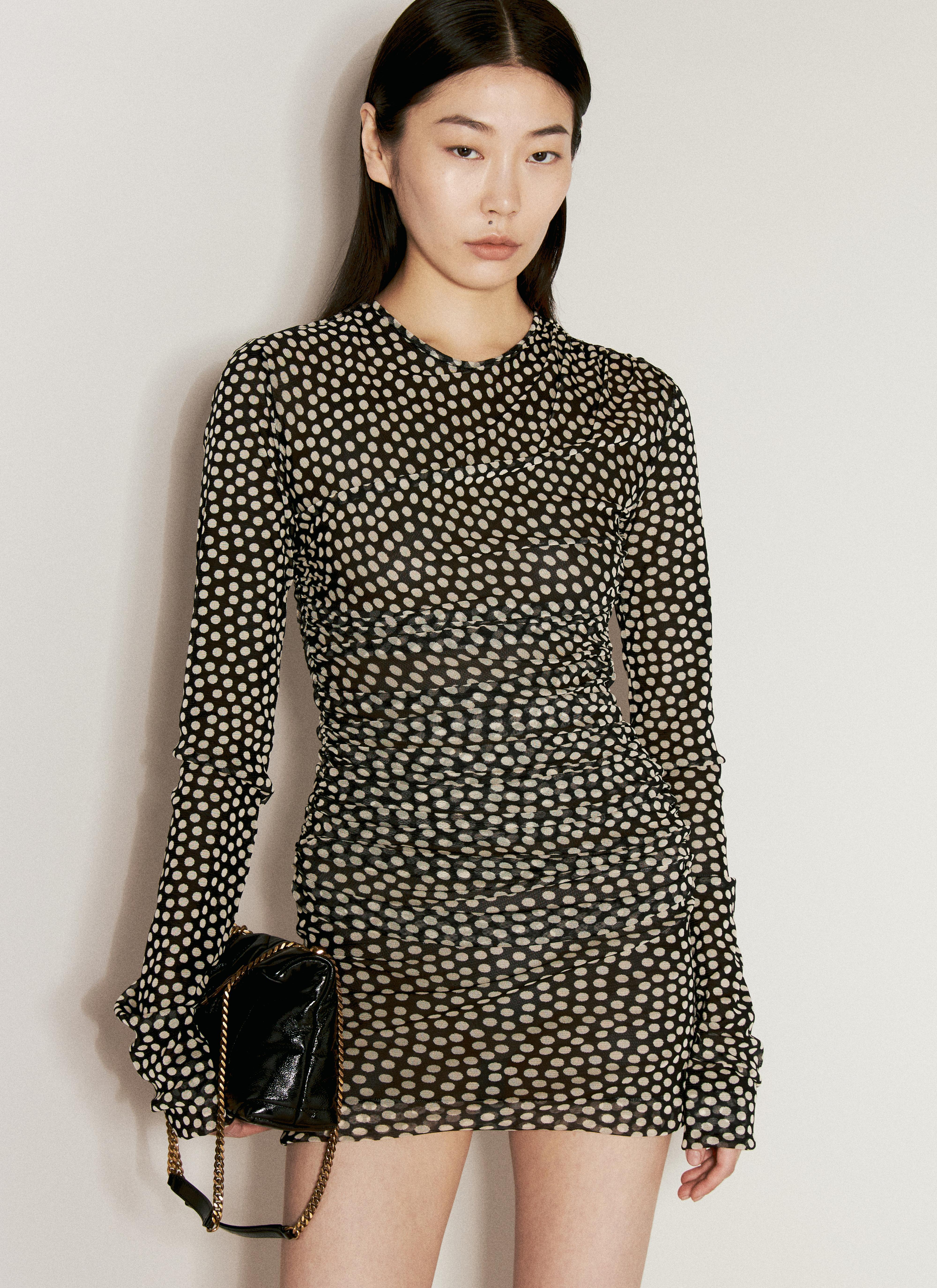 SAINT LAURENT Polka-dot Ruched Tulle Minidress In Noir Craie