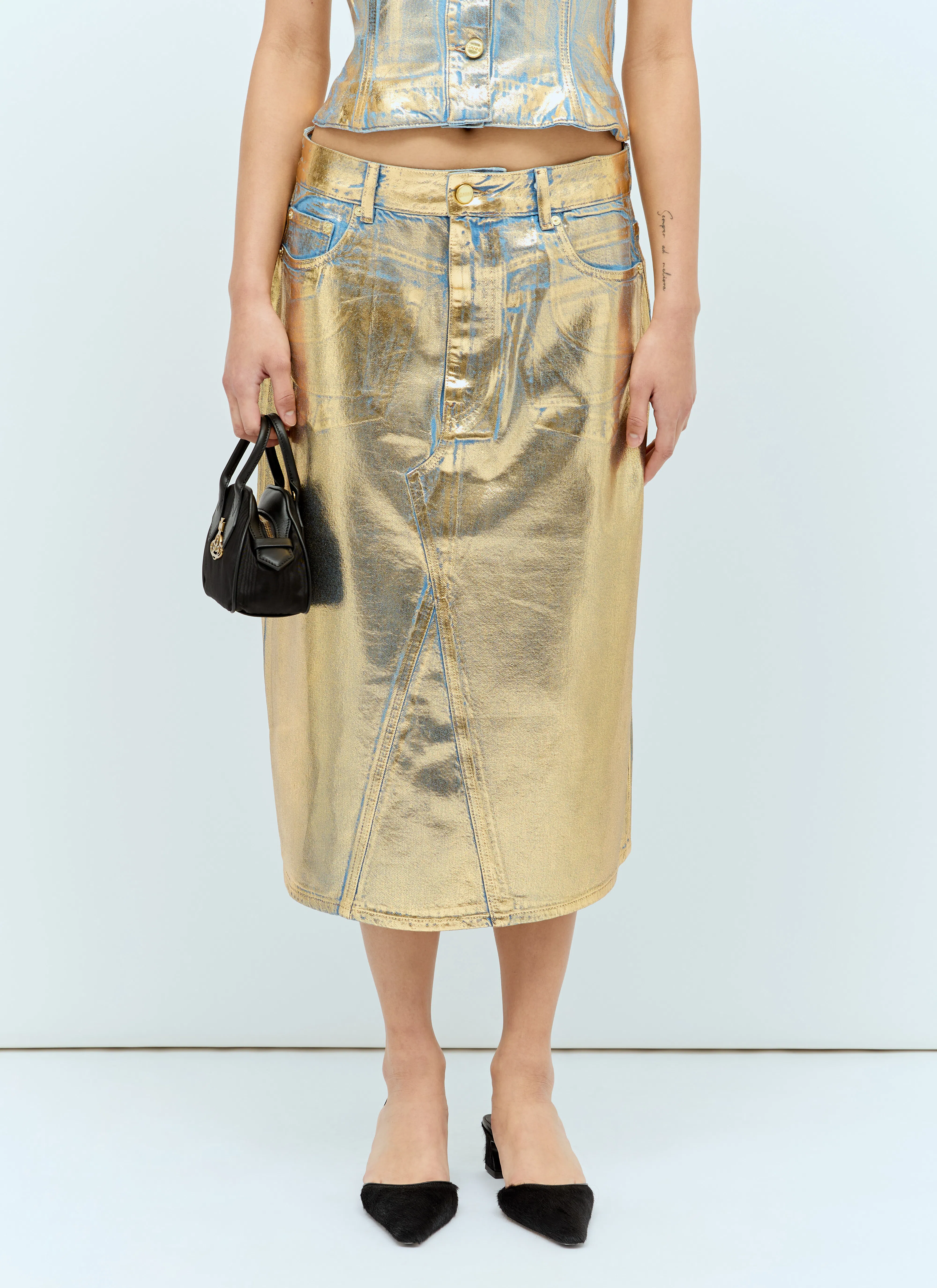 GANNI Bustier Top In Foil Denim In White