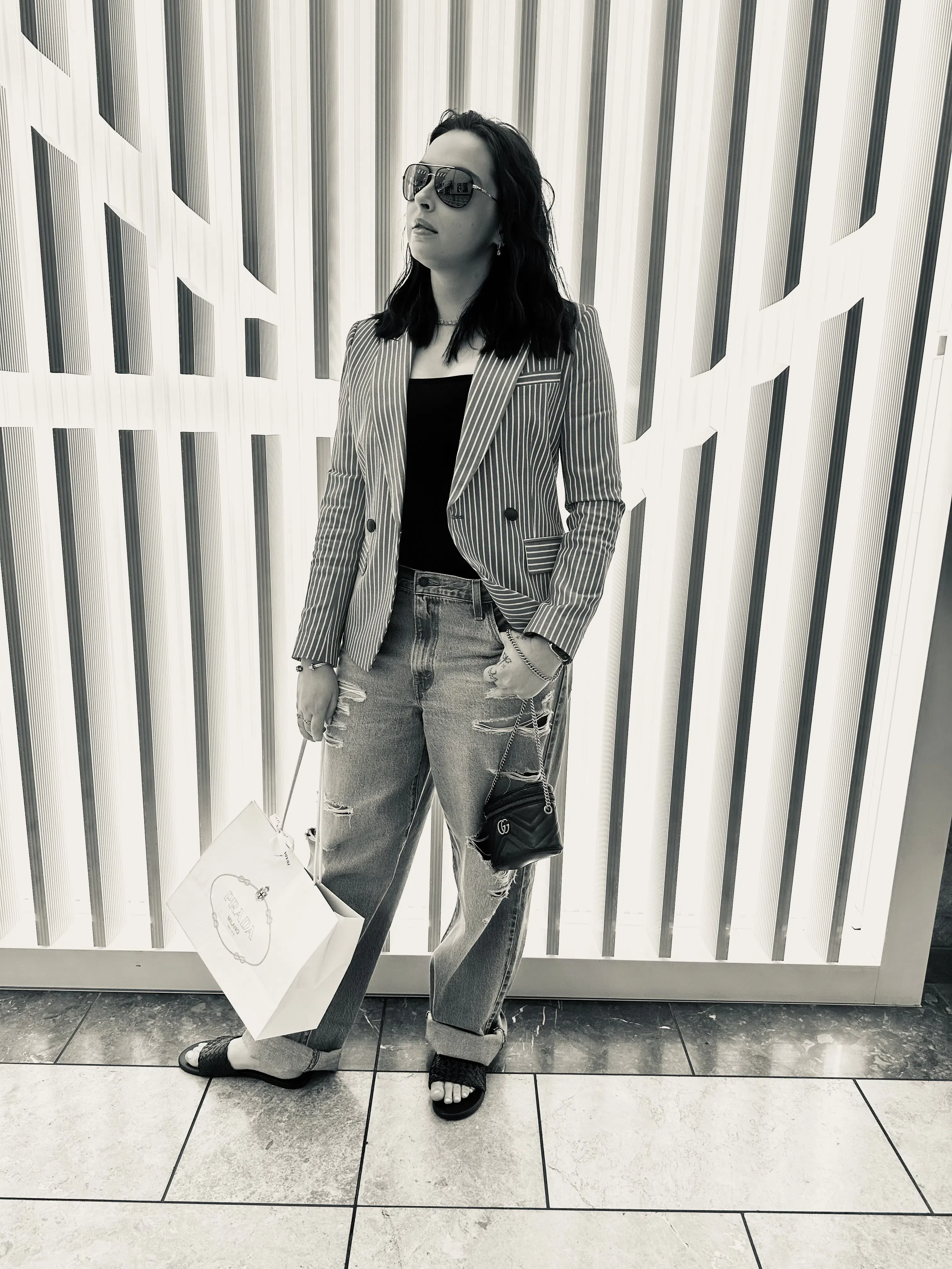 L'AGENCE Womens Striped Cropped Double-breasted Blazer In Blue