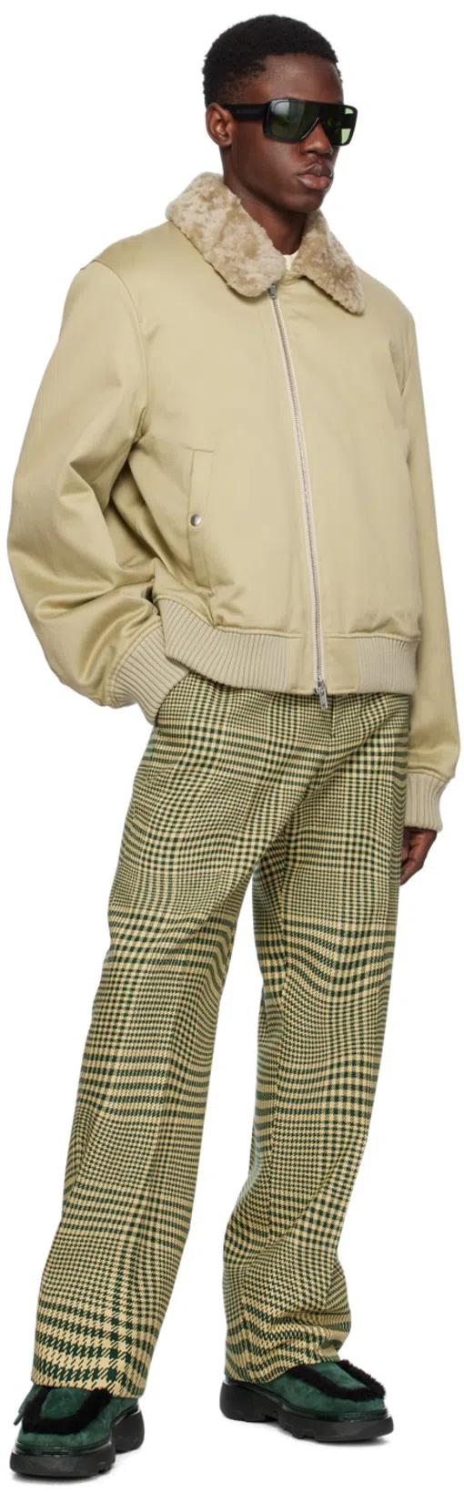 BURBERRY Bomber-style Coat With Plush Collar In Green