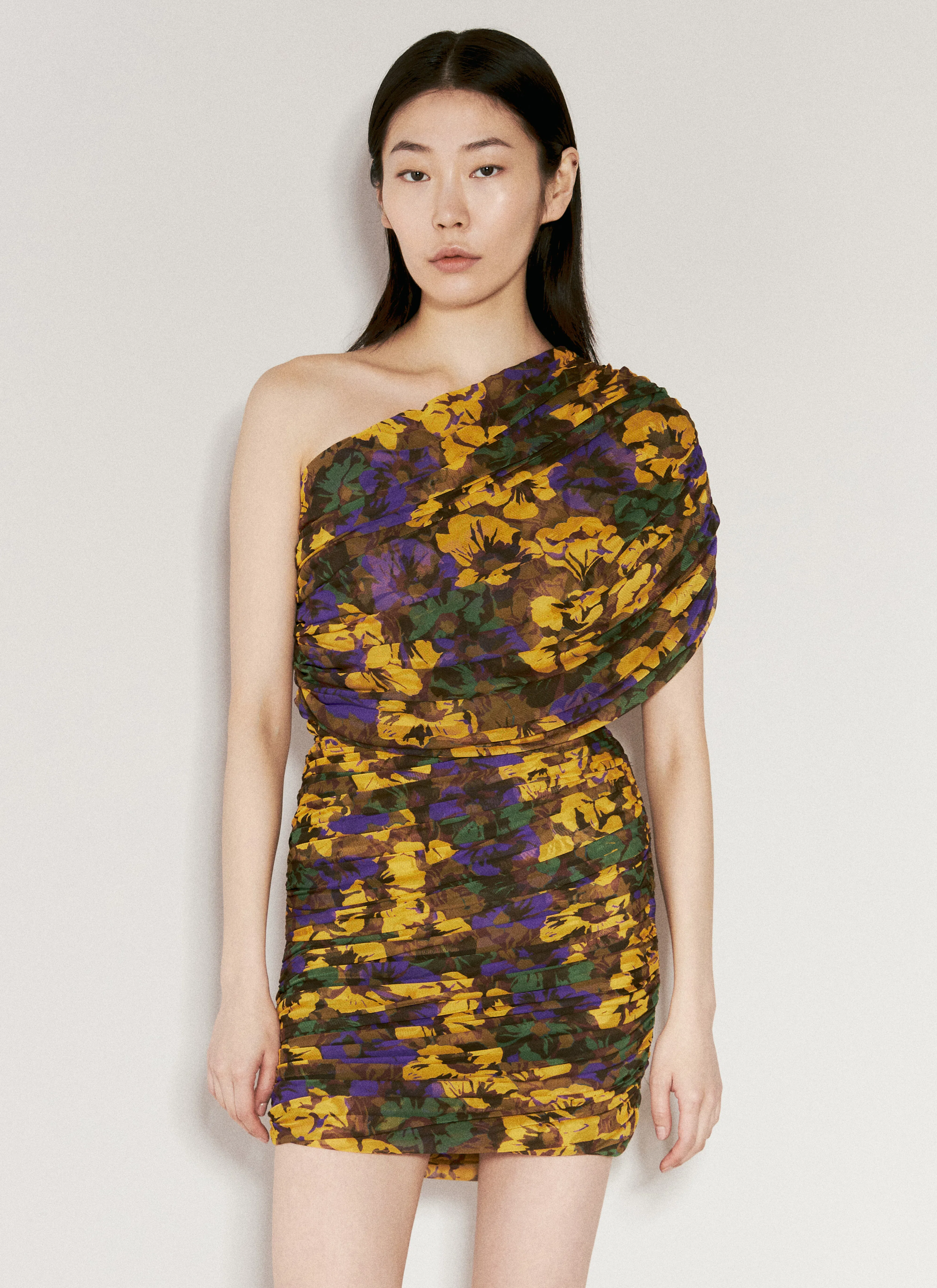 SAINT LAURENT Ruched One-shoulder Dress In Floral Tulle In Multicolor