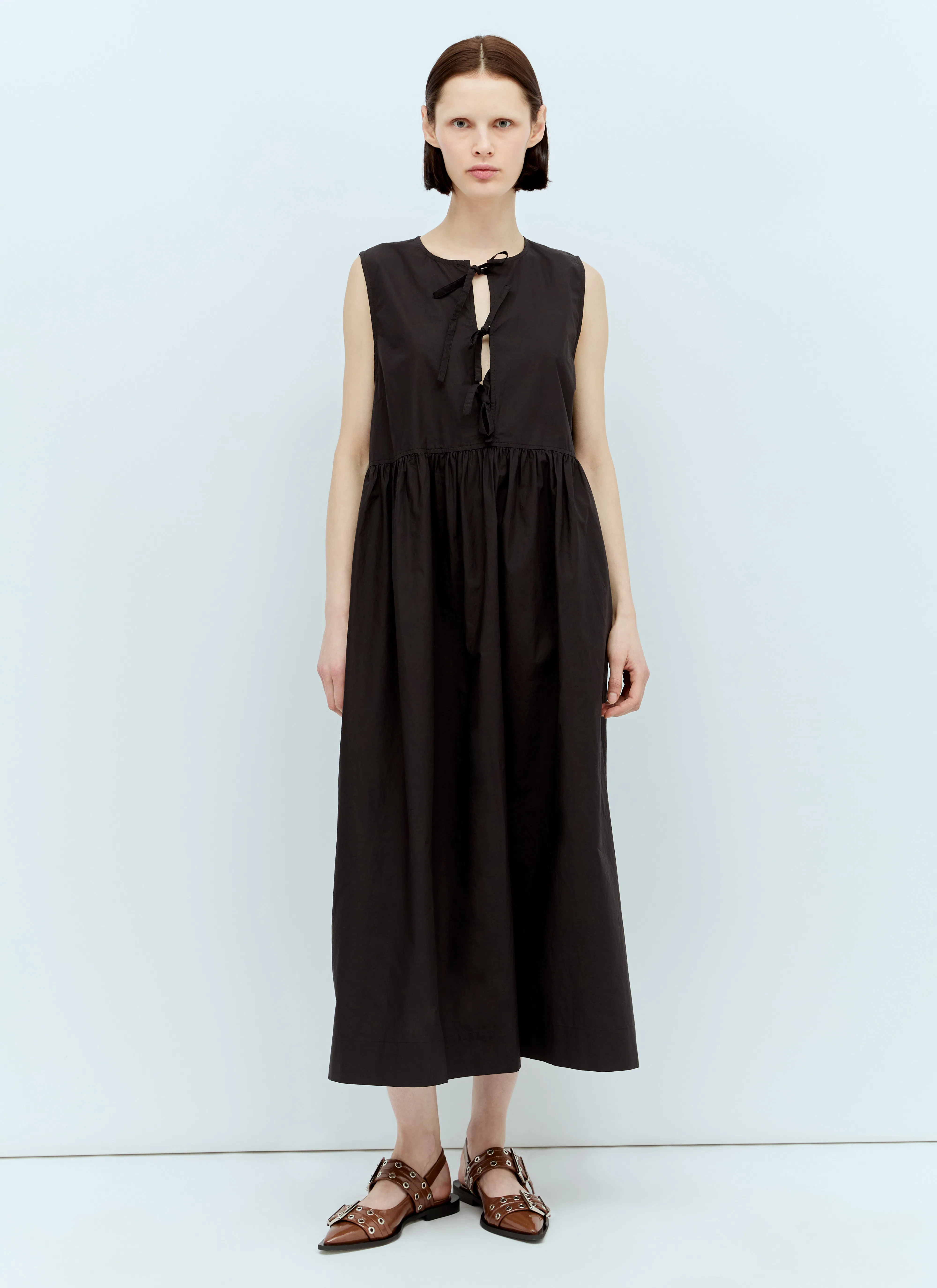 GANNI Tie String Poplin Dress In Black