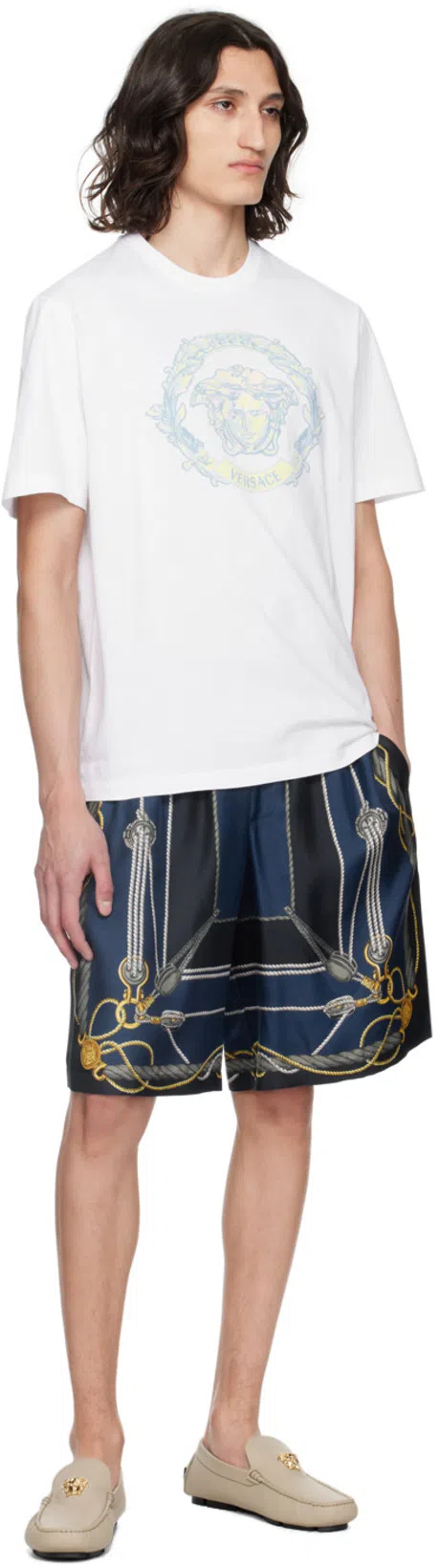 VERSACE Nautical Printed Silk Shorts In Blue