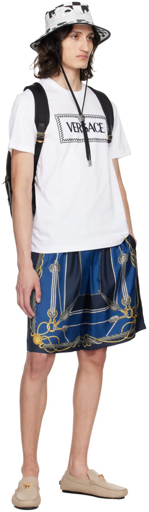 VERSACE Nautical Printed Silk Shorts In Blue