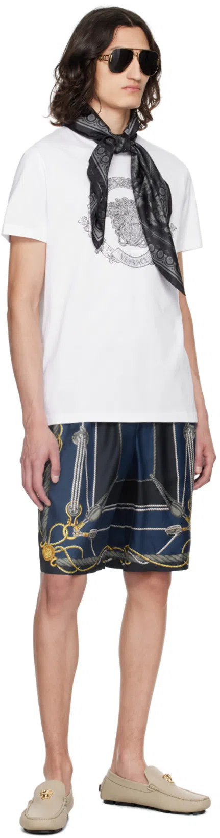 VERSACE Nautical Printed Silk Shorts In Blue