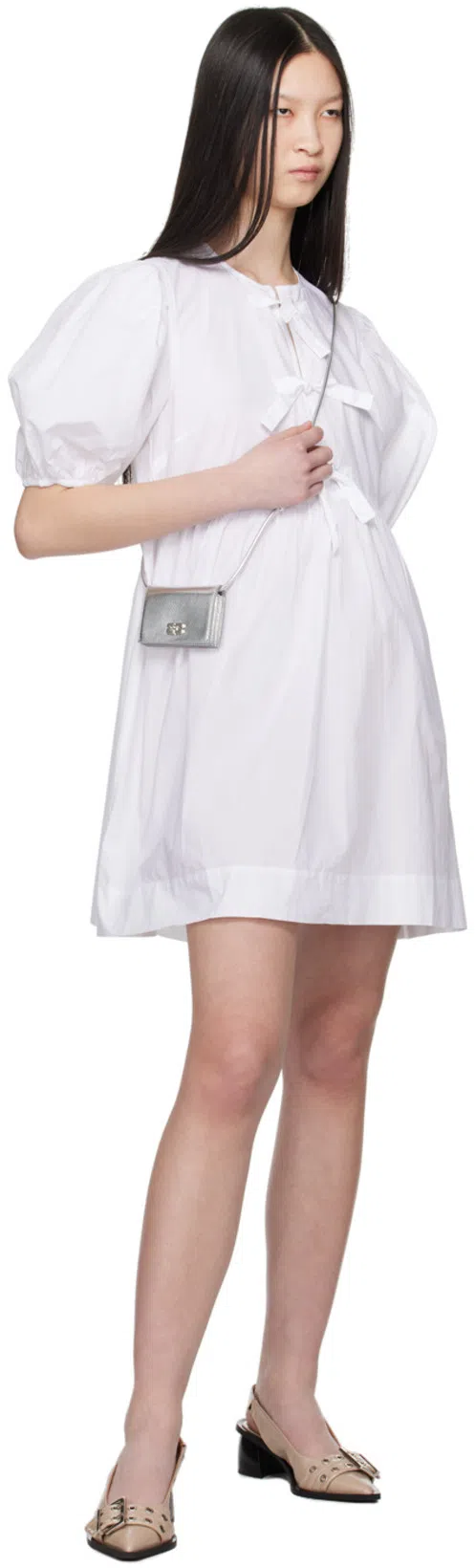 GANNI Organic Cotton Tie String Mini Dress In White