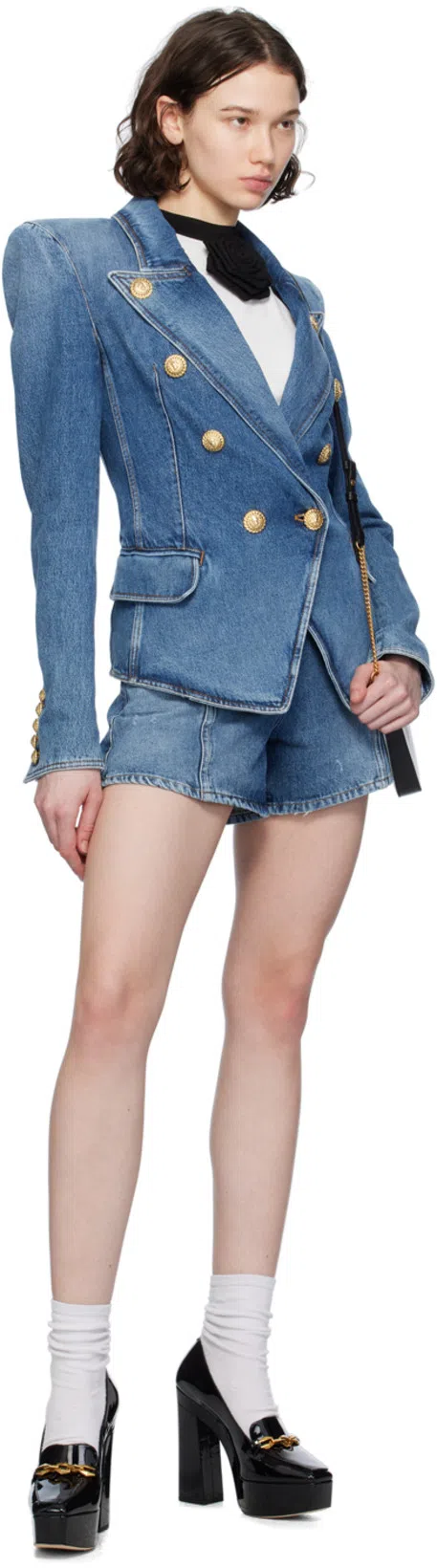 BALMAIN Long-sleeved Denim Coat In Blue