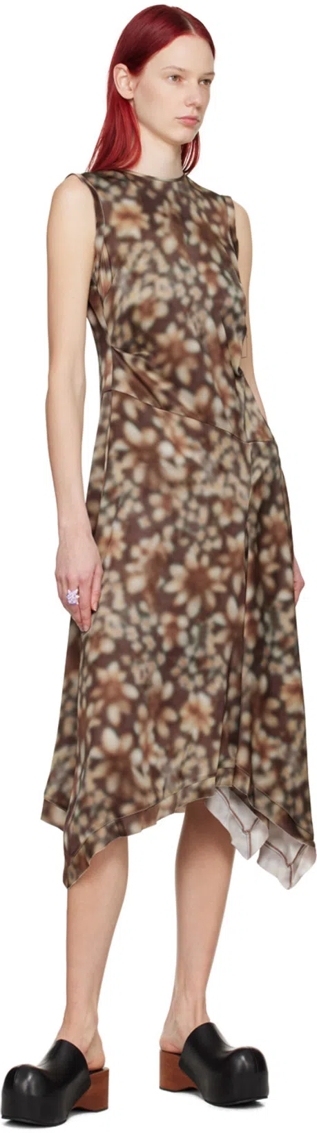 ACNE STUDIOS Printed Satin Sleeveless Midi Dress In Brown