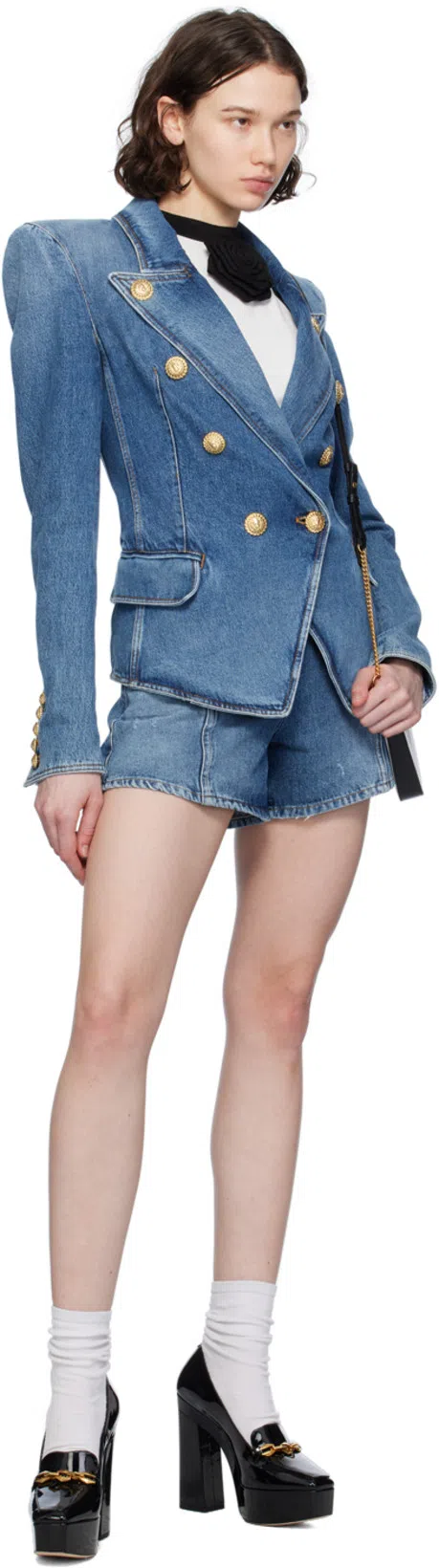 BALMAIN Long-sleeved Denim Coat In Blue