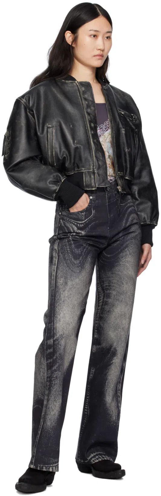 ACNE STUDIOS Aged Leather Bomber Jacket With Distressed Treatment In Black