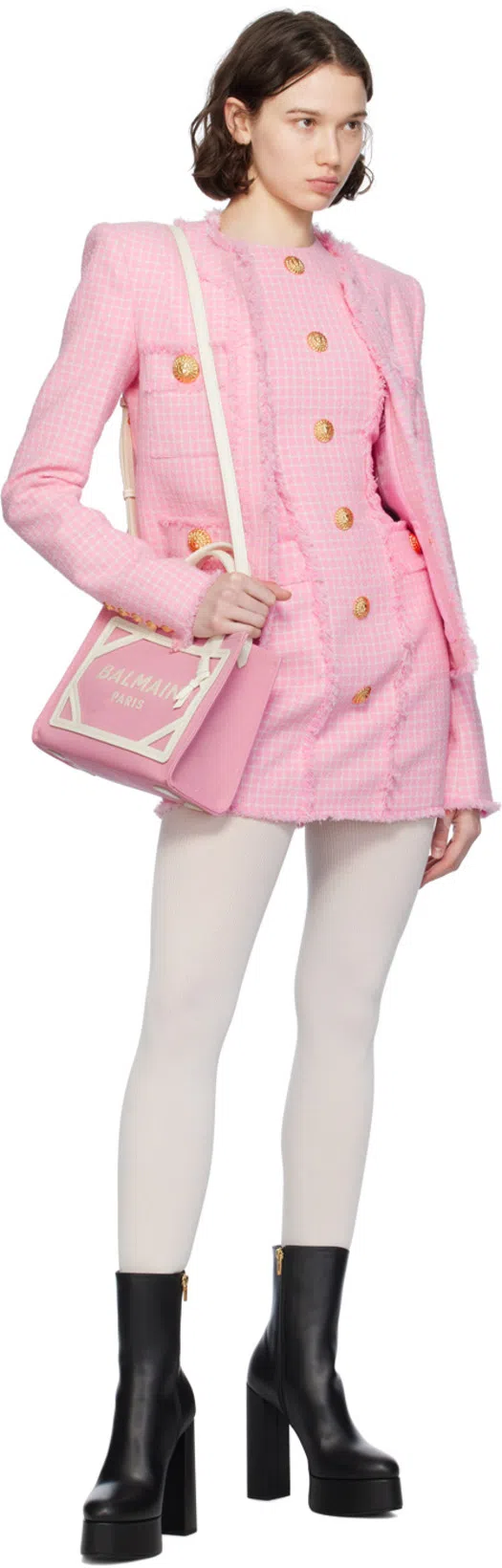 BALMAIN Vichy Tweed Sleeveless Mini Dress In Pink