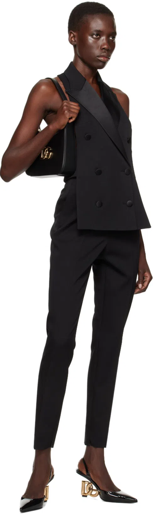 DOLCE & GABBANA Double-breasted Satin-trimmed Wool-blend Gabardine Halterneck Vest In Black