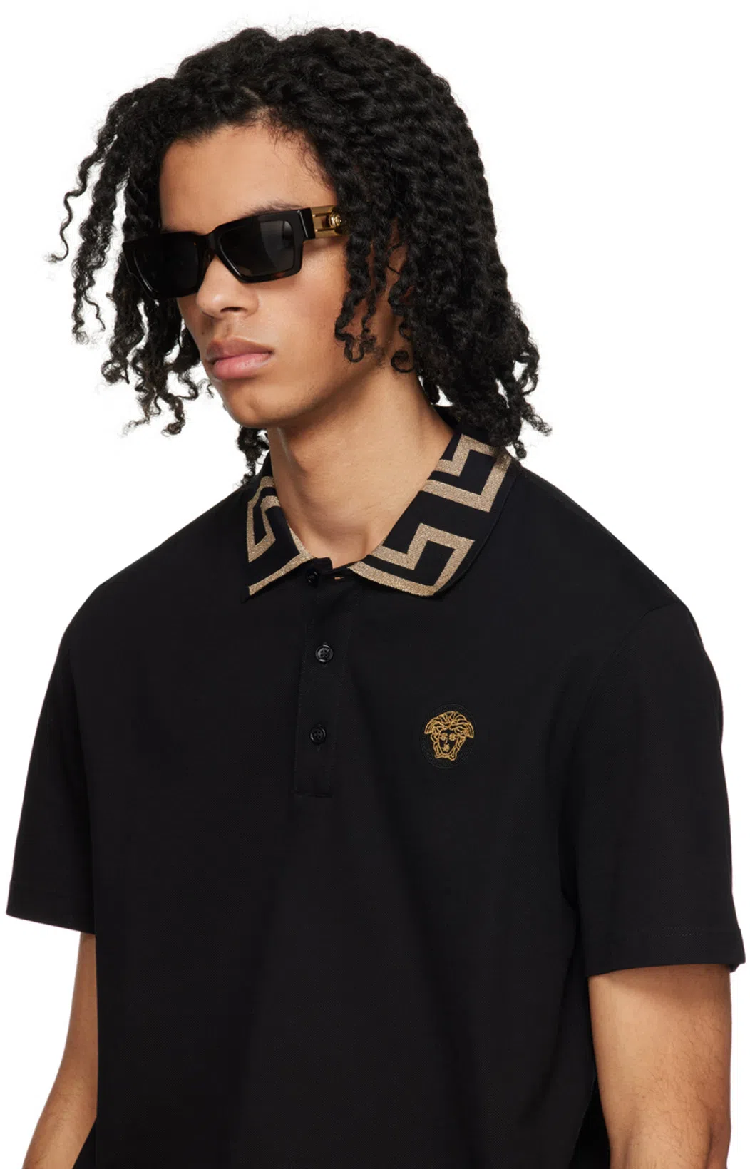 VERSACE Geometric Patterned Black Polo Shirt With Classic Placket