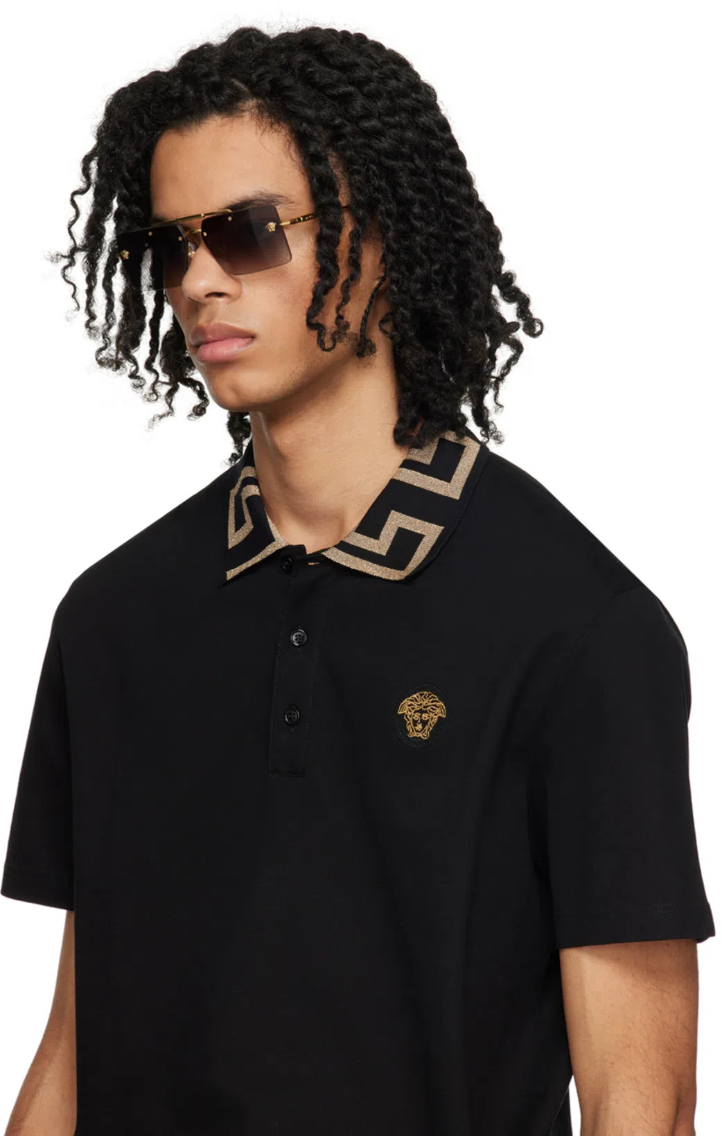 VERSACE Geometric Patterned Black Polo Shirt With Classic Placket